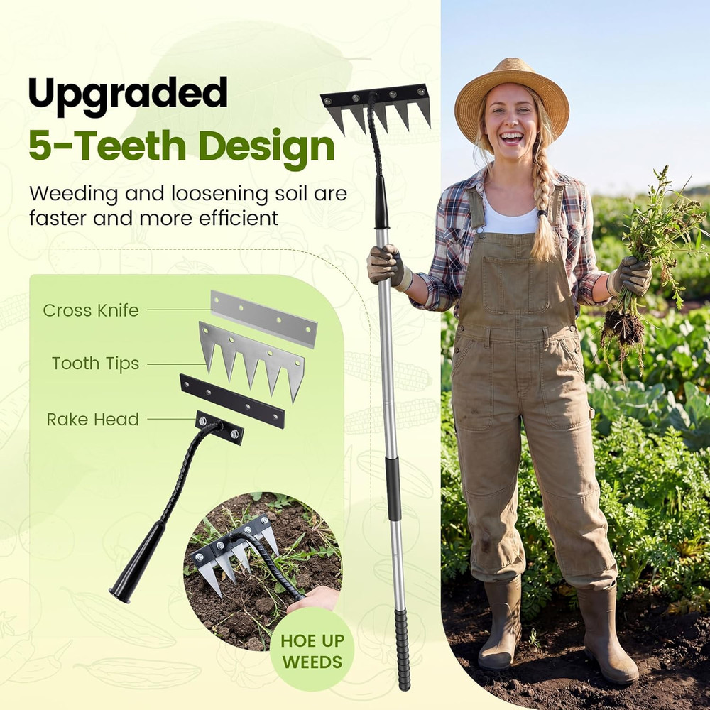 Iron Weeding Rake with Long Handle - Upgraded 5 Teeth Weed Puller Tool, Heavy Du