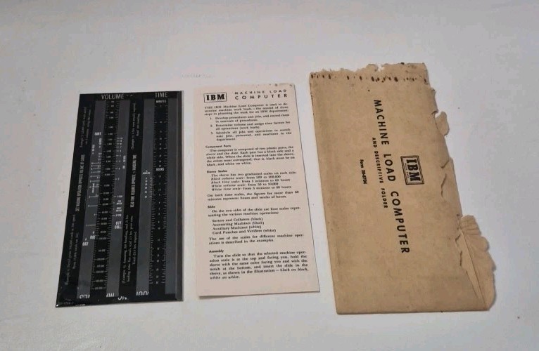 IBM Machine Load Computer & Descriptive Folder Slide Ruler 3 Pieces USA Vintage