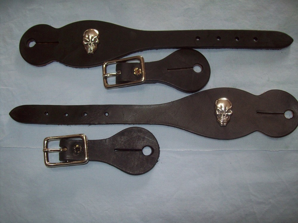 New Black Leather Spur Straps Skull Head