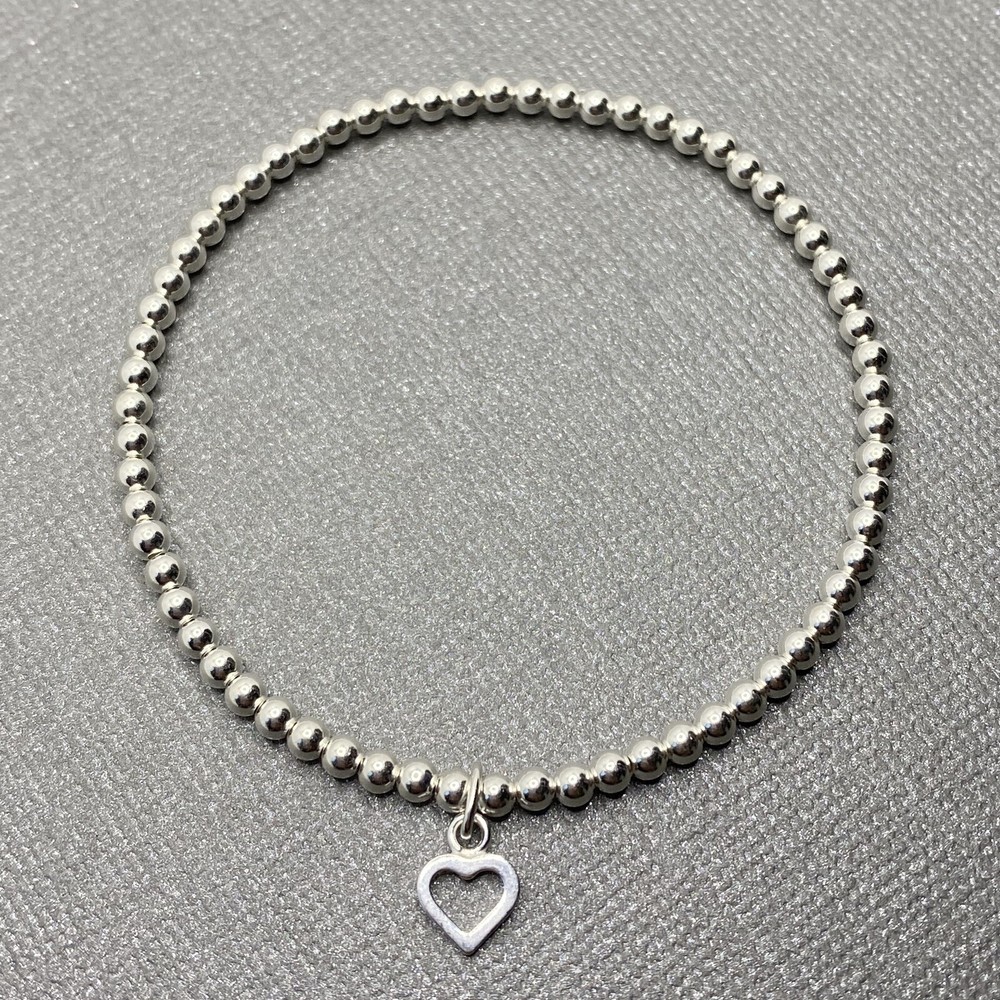 Teacher Gift Sterling Silver Bead Stacking Bracelet Open Heart Stretch Handmade