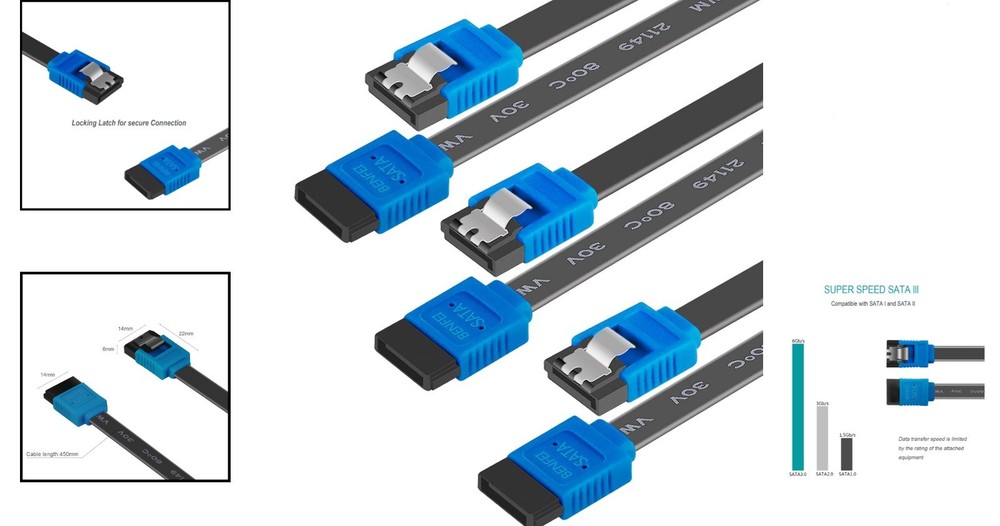 SATA III Data Cable Set - 18-Inch 6Gbps Connectivity with Secure Latching Design