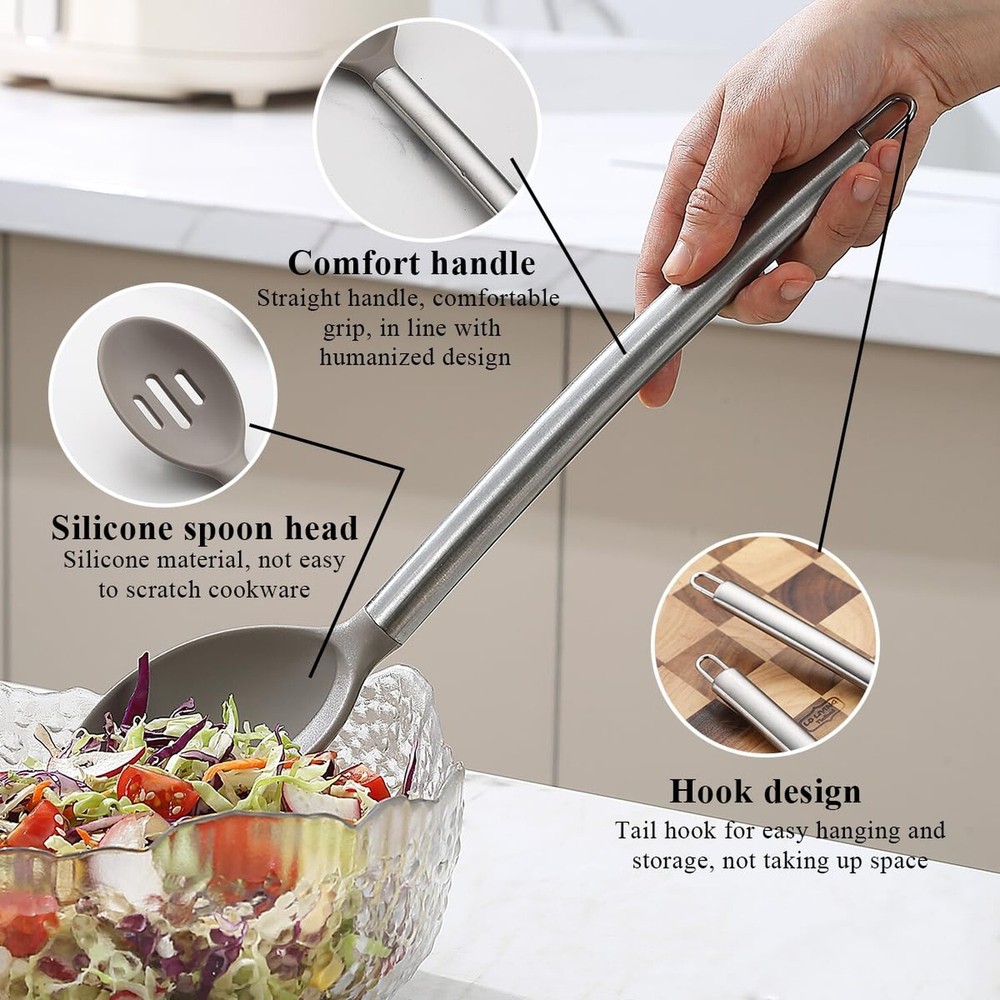 Silicone Cooking Spoon Set, ReaNea Solid Spoon, Slotted Spoon, Heat Resistant...
