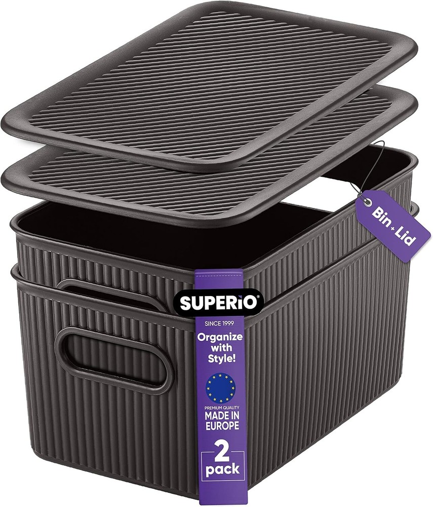 Superio 5L Small Brown Ribbed Storage Bin with Lid, Plastic (2 Pack)