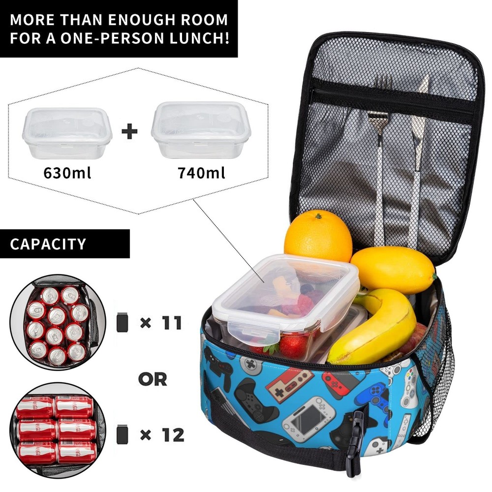 Video Game Controller Background Lunch Bag Insulated Portable Reusable Gaming...