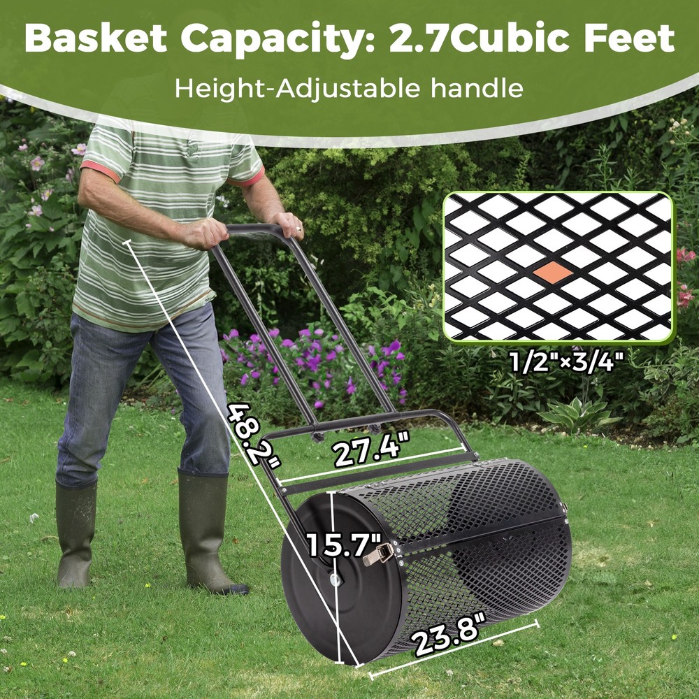 24" Compost Spreader Peat Moss Spreader Push/Tow-Behind Lawn Roller Green