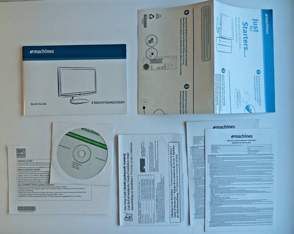 eMachines Quick Guide Manual 2009 w/ CD ROM & Doc. Package E182H / 192HQ / E202H