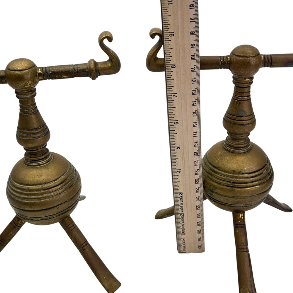 Brass Fire Dogs Attributed Dr Christopher Dresser Ribbed Spherical Tripod Englis