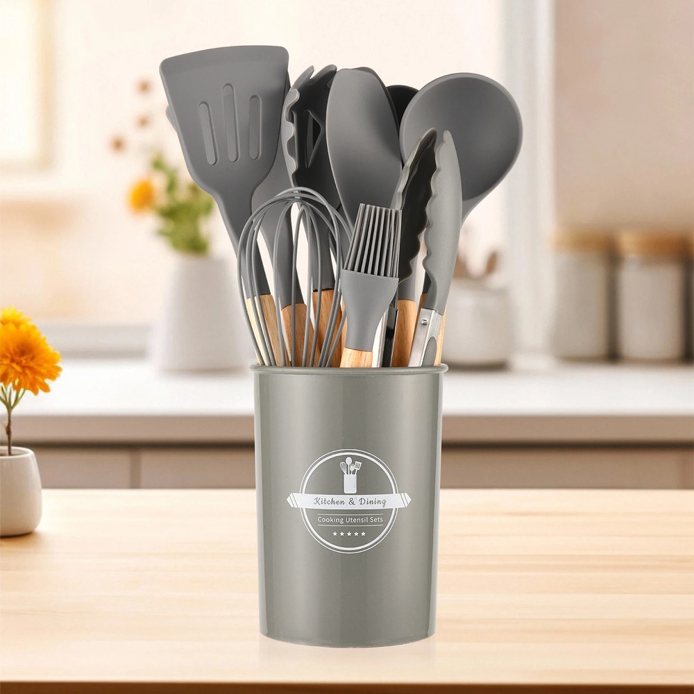 Gray 12Pcs Non-Stick Silicon Heat Resistant Wood Handle Kitchen Cookware Set
