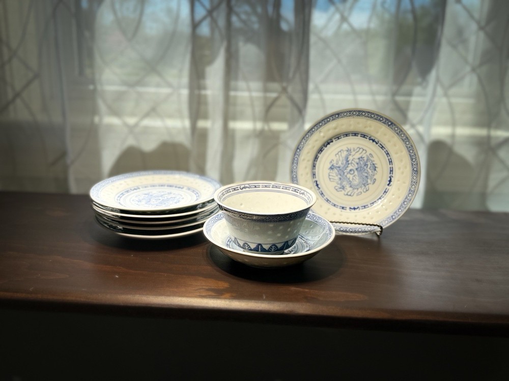 Blue White Dragon Plates Set 6 + Bowl & Cup Chinoiserie