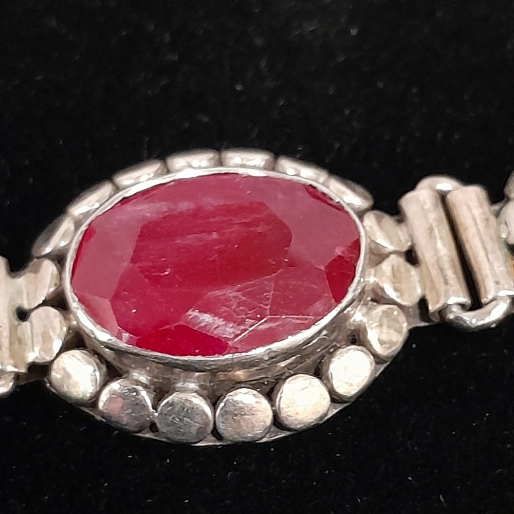 925 Sterling Silver Red Ruby Oval Faceted Panel Link Bracelet Toggle