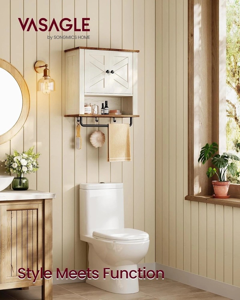 LIRY Rustic White Bathroom Wall Cabinet - 2 Barn Doors, Adjustable Shelf