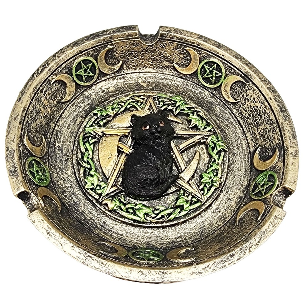 Black Cat Pentagram Incense Burner Ashtray – Polyresin Decorative