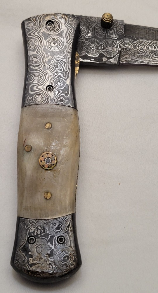CFK Damascus Pocket Knife Ram Horn Handle