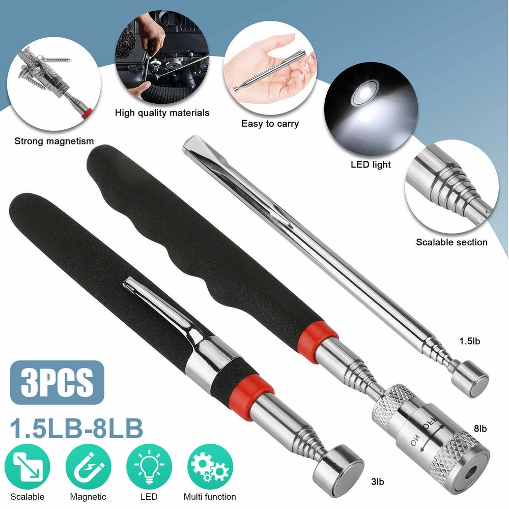 3 PCS Magnet Pickup Tool Telescoping Sticks Include 8 lb LED Light Magnet Stick