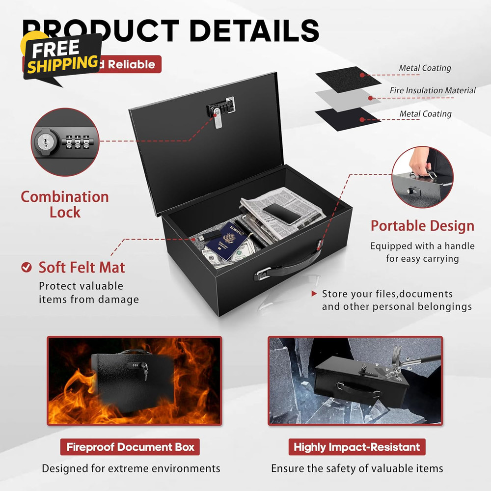 Fireproof Lock Box with Key and Combination Lock, Fire Safe Document Box