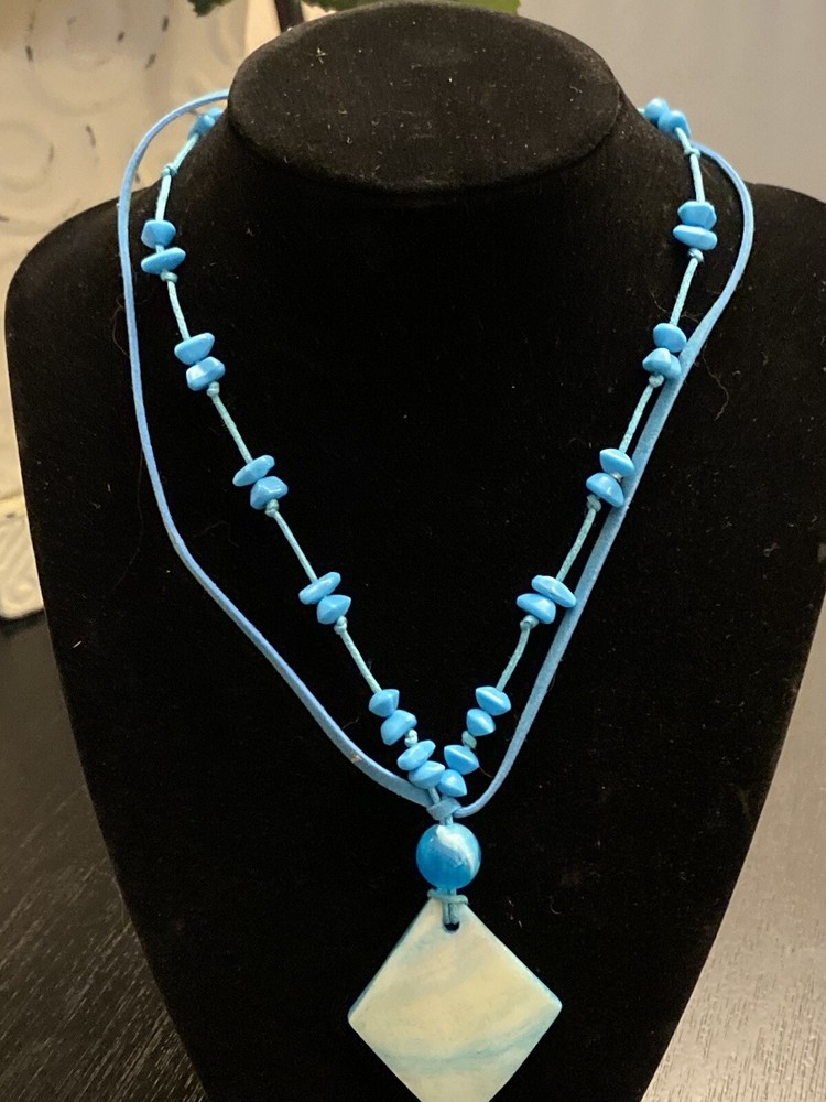 Handmade Blue Beaded and Shell Pendant Necklace