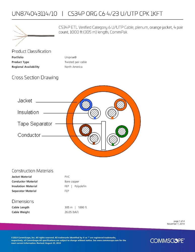 Commscope CS34P 23/4P Cat6 U/UTP WebTrak Plenum CMP Network Cable Orange /100ft
