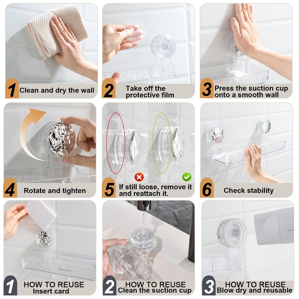 Suction Shower Organizer, No Drill Bath Rack, 4 Adjustable Hooks, Clear