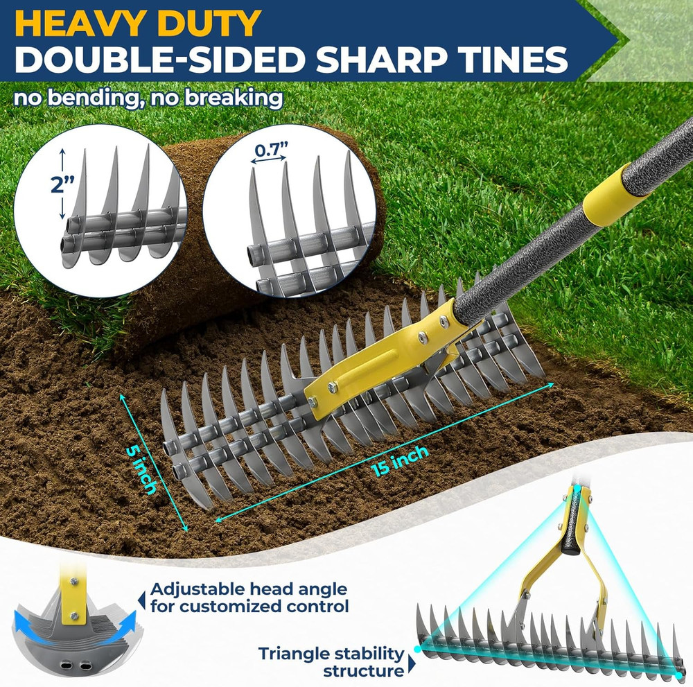 70" Heavy Duty Metal Dethatcher Rake with 15" Double-Edged Sharp Tines