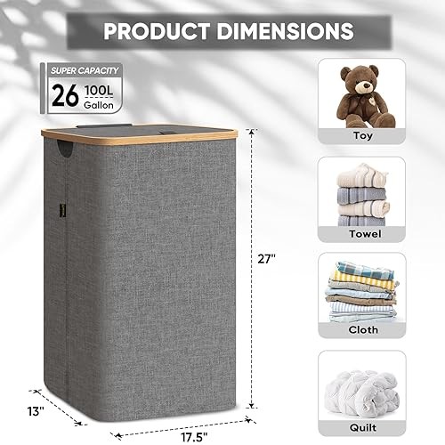 Laundry Hamper with Lid, Tall Laundry Baskets with Bamboo Pull 100 liters Grey