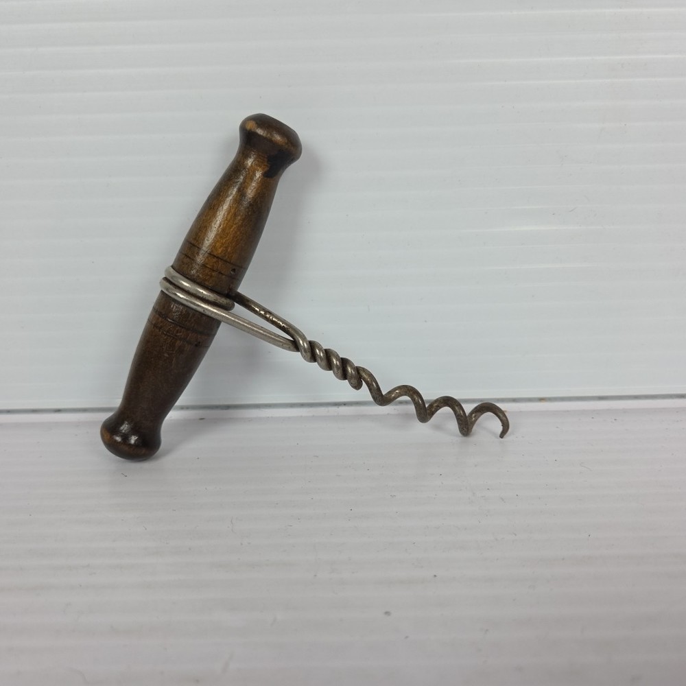 Antique Wood Handle Double Wire Helix Direct Pull Corkscrew