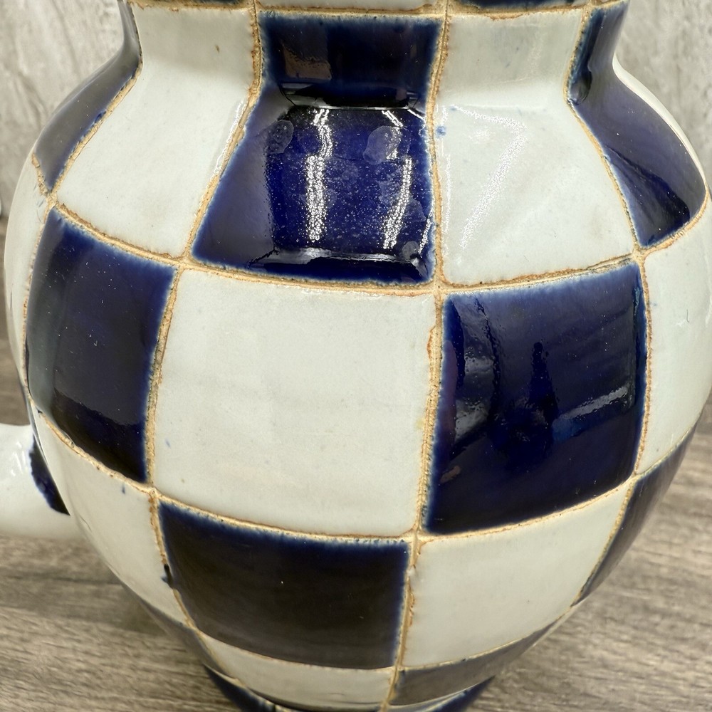 Handmade Ceramic Checkered Pitcher – Cottage Core Style – Signed, 7.5” Tall