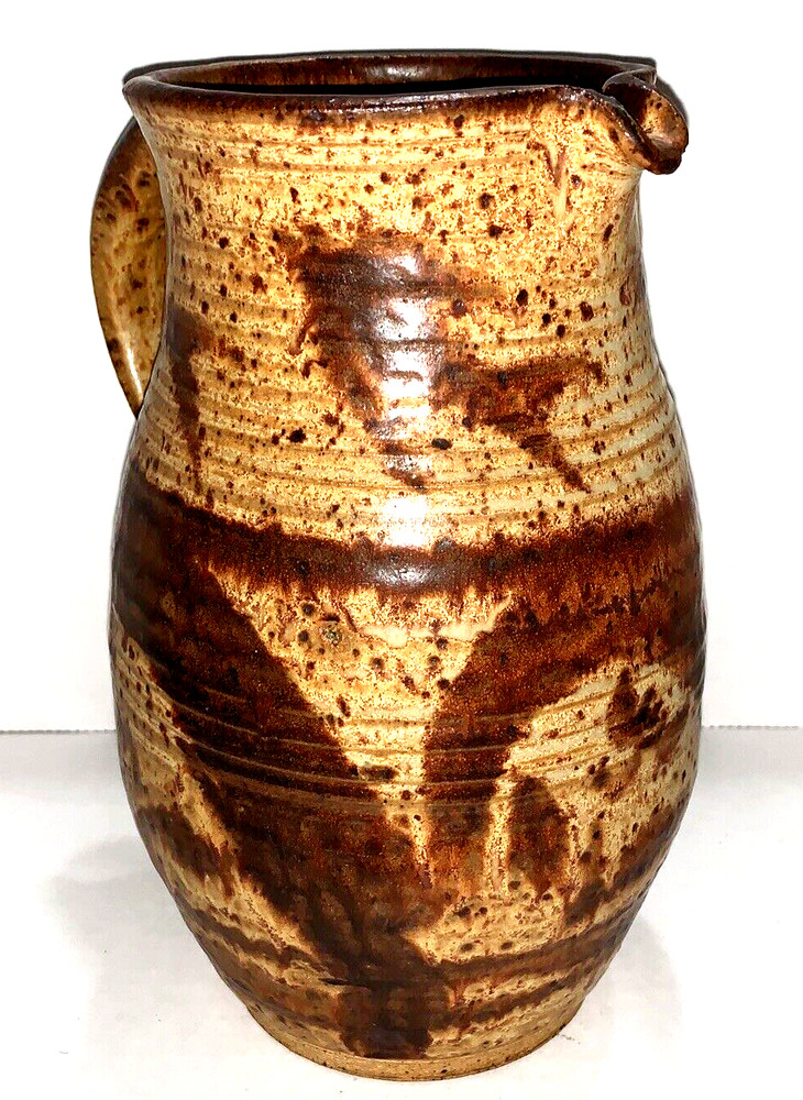 Vintage Artist Signed Art Pottery Pitcher Applied Handle