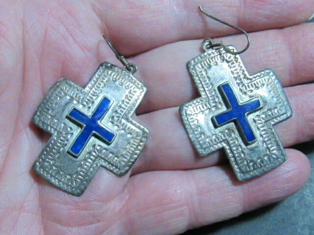 stamped cross silver earrings