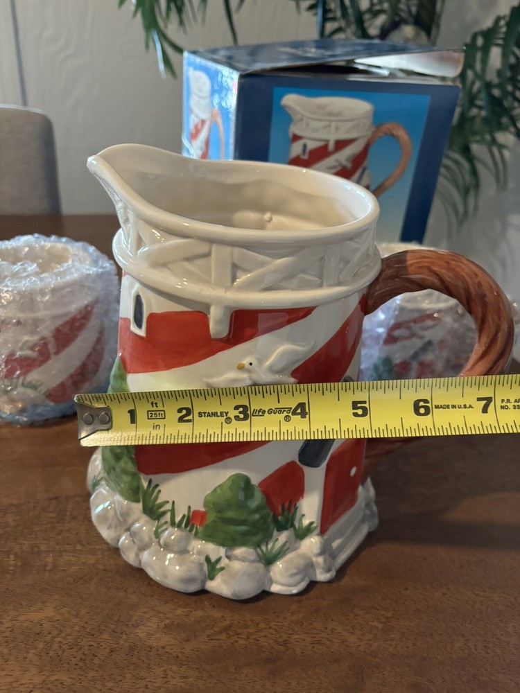 Beachcombers Light House Pitcher 2 Mugs 2005 Red White In Boxes