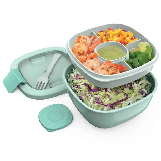 Salad Container Lunch Bowl Stackable Large 54-Oz Bentgo AQUA 4-Compartment