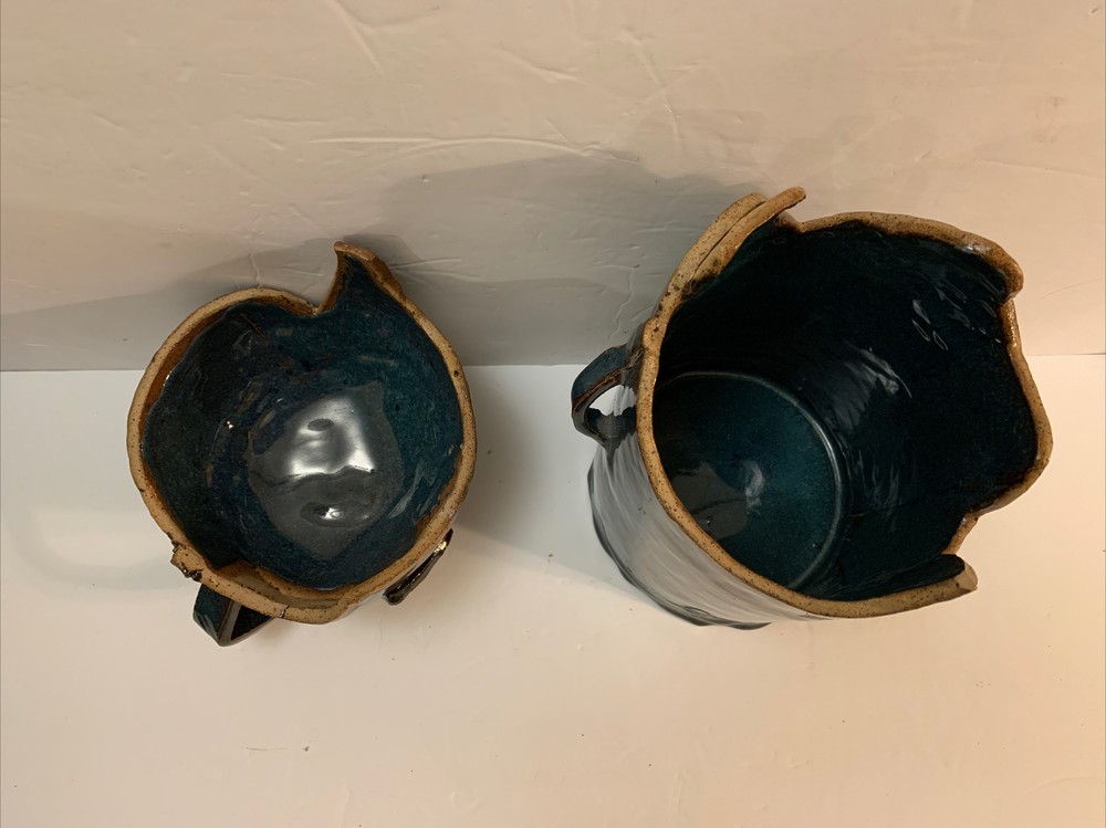 RARE Amanda Pottery Studio Stoneware Glazed Blue Cookie Jar Unique Shape Signed