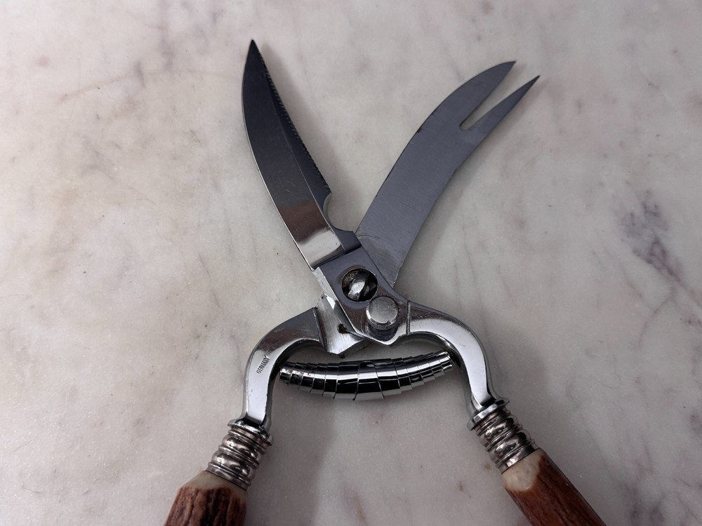 Custom German Stainless Kitchen Poultry Shears Stag Handle, Fork Tip, Take-Apart