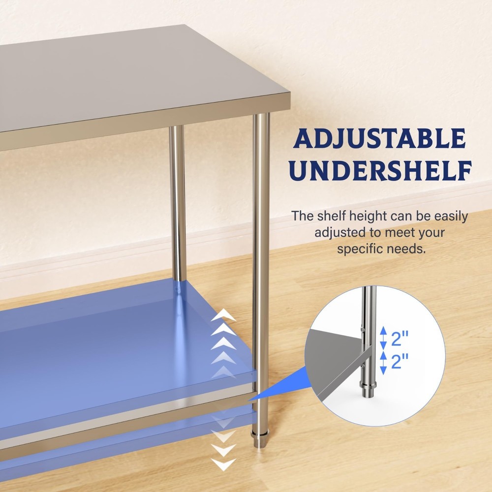 Stainless Steel Table for Prepwork 36x24″ Commercial Table Adjustable Undershelf