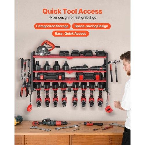 Power Tool Organizer Wall Mount 4Layer Storage Rack with 8 Drill Holders
