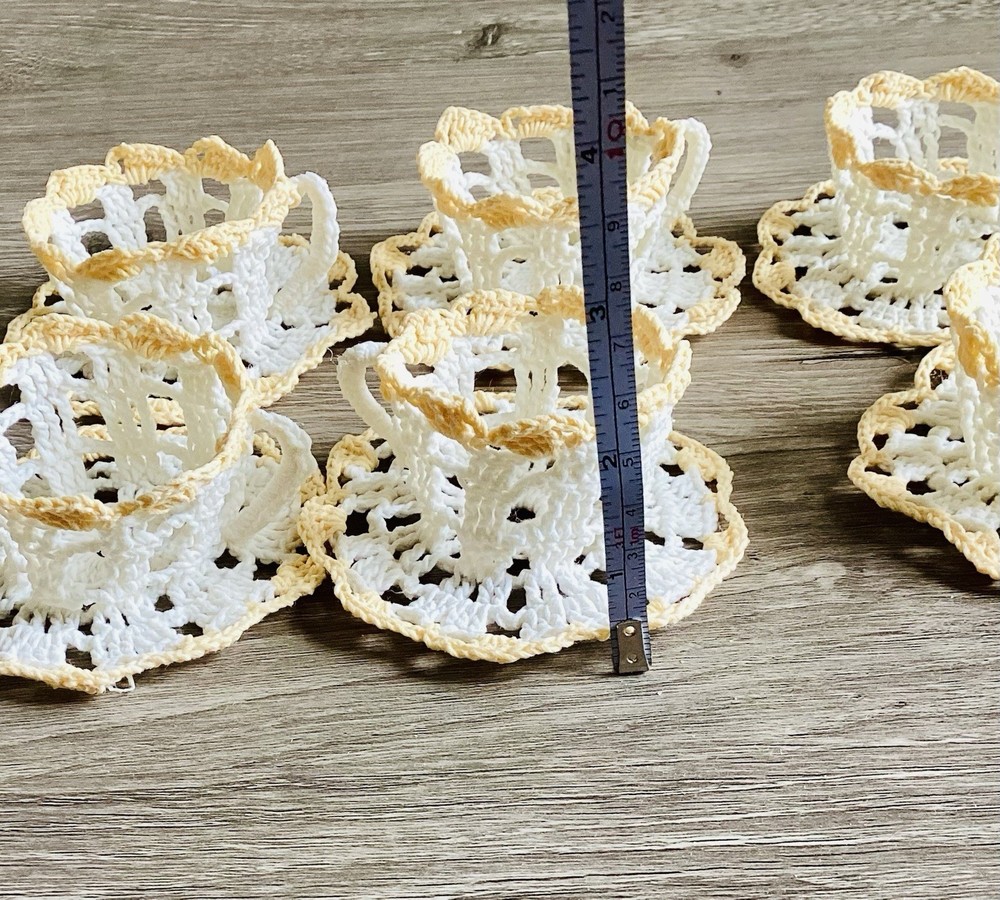 Set Of 6 Crochet Mini Tea Cup Saucer Table Setting Decor Easter Spring Egg Candy
