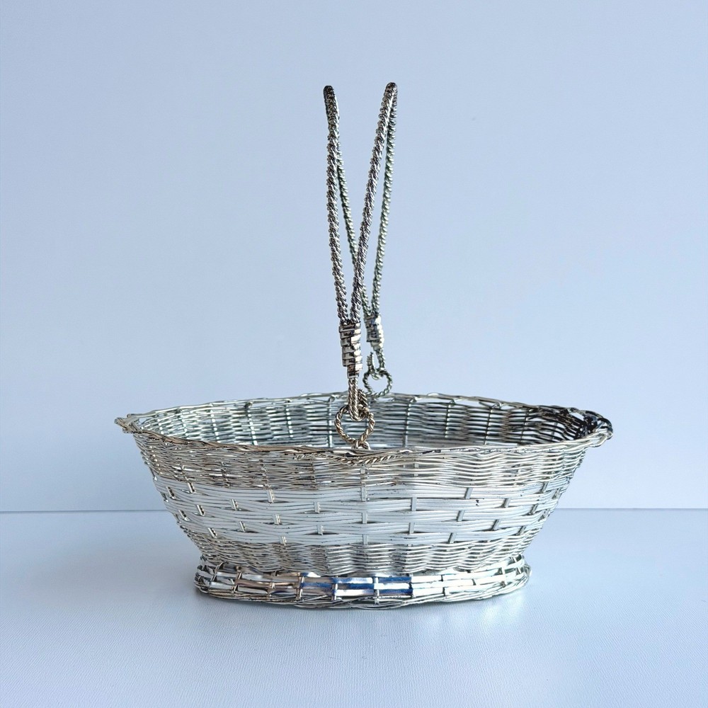 Vintage Wire Metal Basket Silver Small With Handle Easter