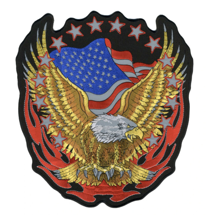 12" REFLECTIVE EAGLE WITH AMERICAN FLAG EMBROIDERED JACKET PATCH