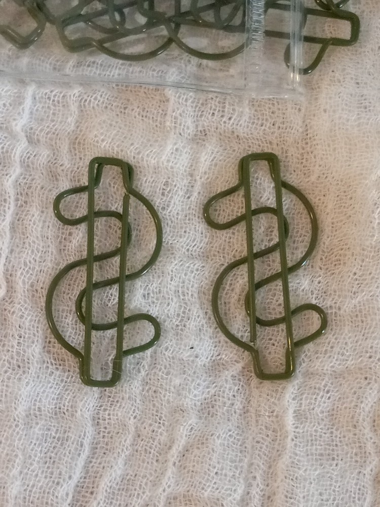 10pcs Green US Dollar Shaped Paper Clips. 2" x 1"