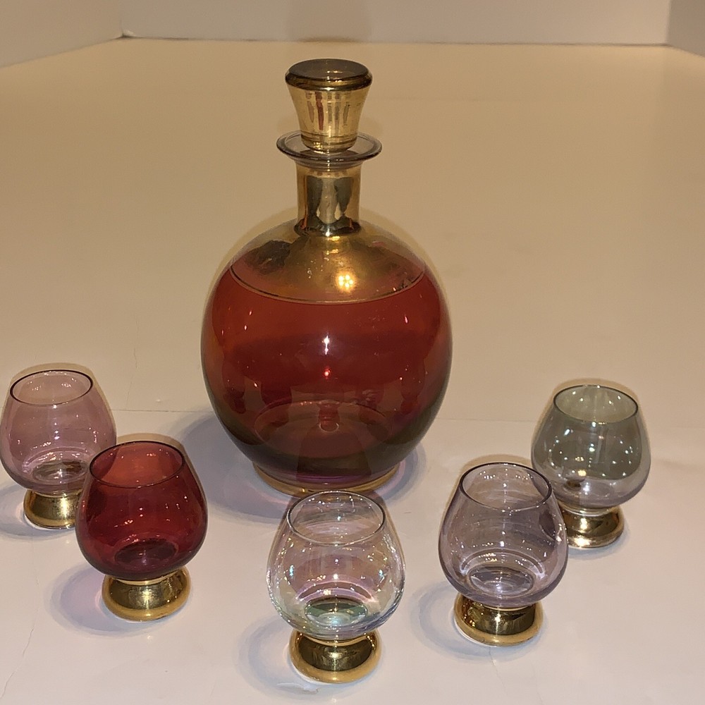 Cordial Cognac Decanter Glasses Set Multi Colored Glass Glass Ruby