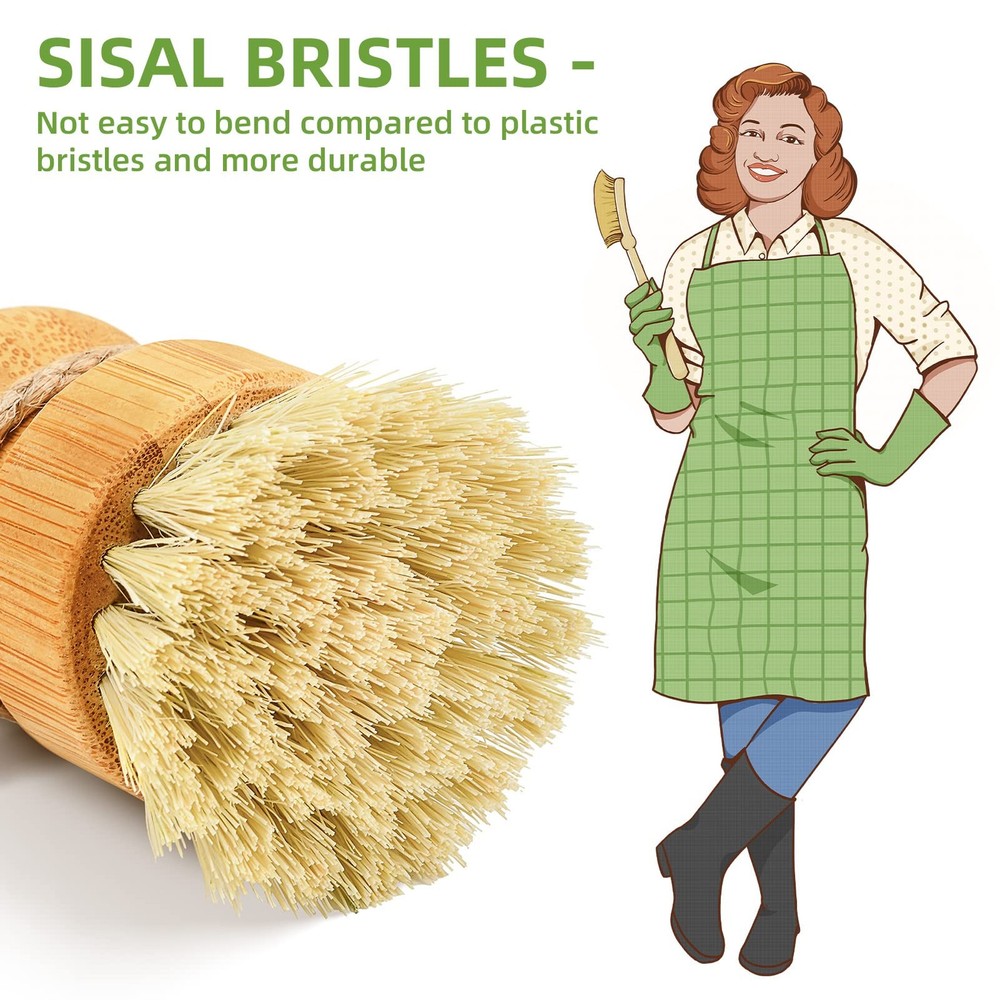 Bamboo Dish Scrub Regular size, Ceramics Base + 3p Sisal Brushes