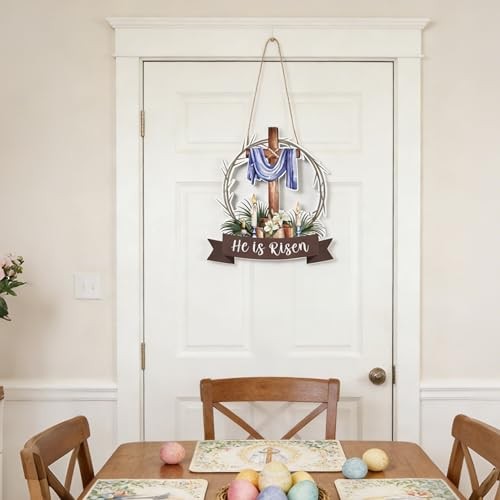 He is Risen Easter Decorations Wooden Cross Wreath, Easter Wreath for Front