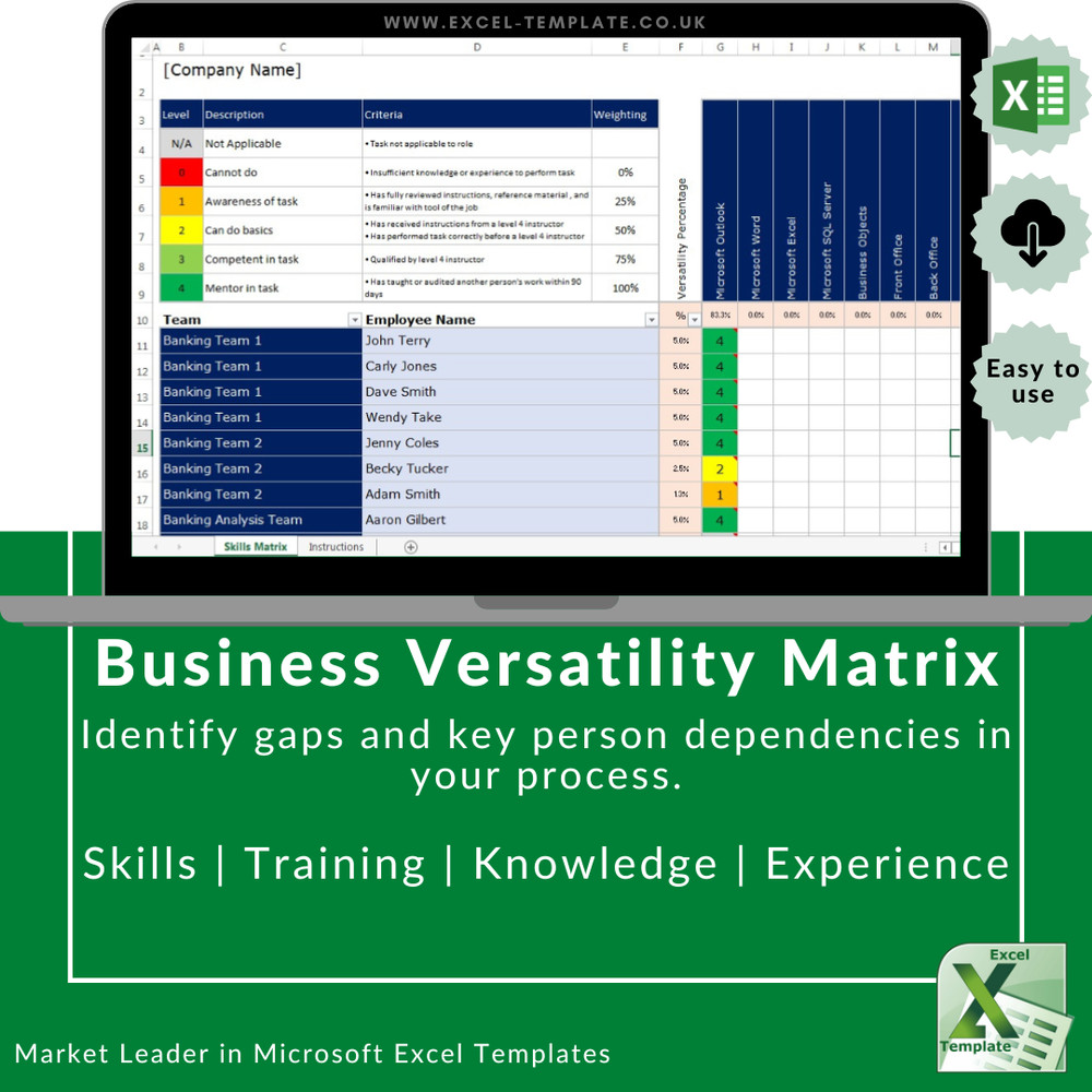 Microsoft Excel Spreadsheet Employee, Staff, Office / Skills, Versatility Matrix