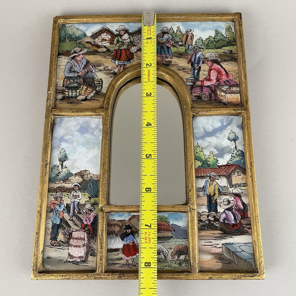 Vintage Peruvian Reverse Painted Wall Mirror Framed Hand Painted Folk Art