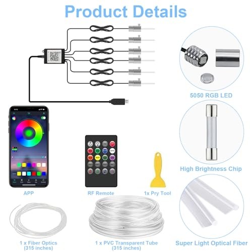 Interior Car LED Lights with Wireless APP/RF Remote Control, RGB 6 in 1