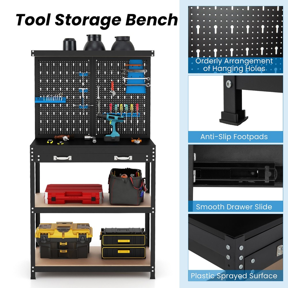 Multi-use Workbench w/ 2 Shelves Heavy-Duty Work Table Tool Storage Bench Black