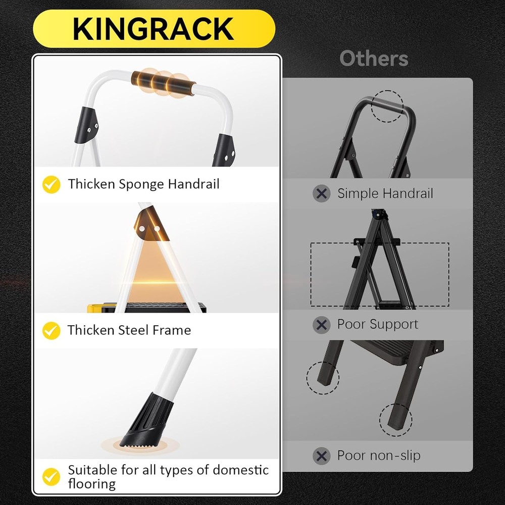 KINGRACK 3 Step Folding Ladder, 800lbs Capacity Stool with 3-STEP, White
