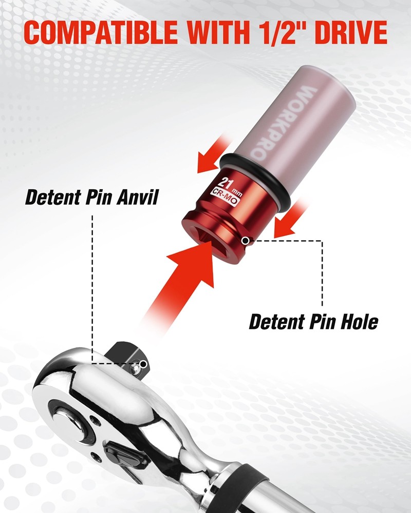 WORKPRO 1/2" Drive Lug Nut Impact Duty Socket 6 Point 21mm Deep Thin Wall Socket