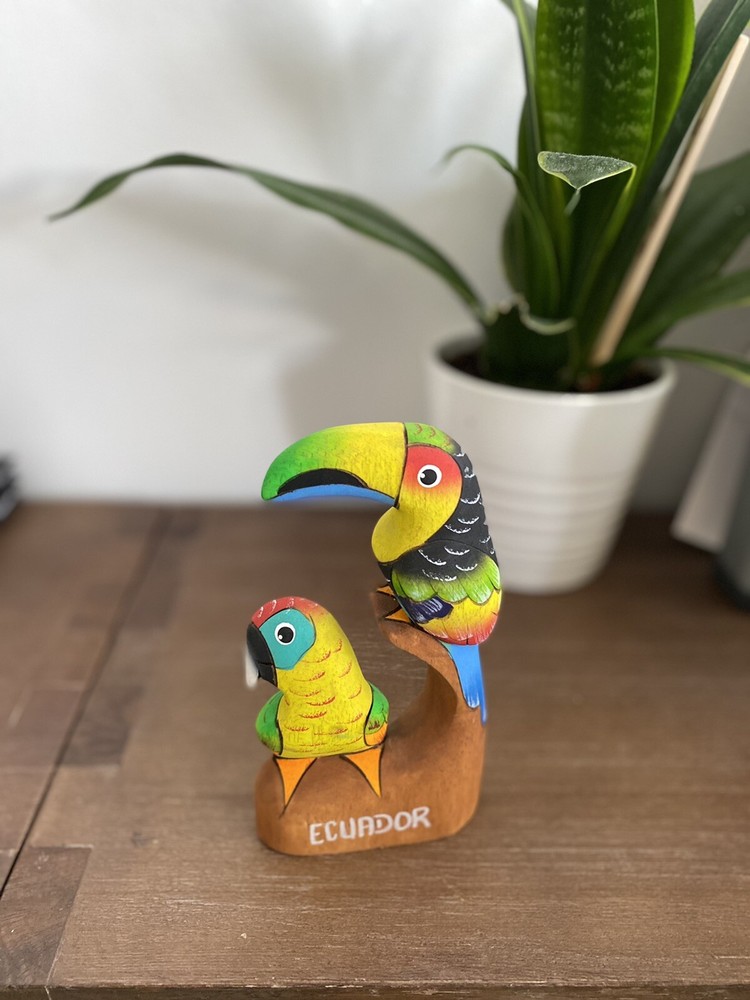 Ecuador Wooden Carved Painted Parrot Statue