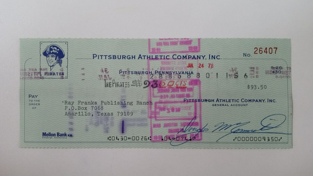 Ray Franks Publishing Ranch: 1978 Pittsburgh Pirates Expense Check