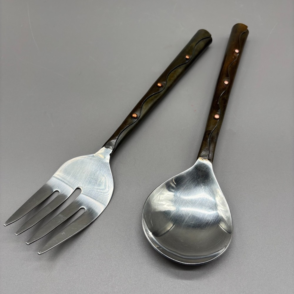 Handmade Metal Salad Servers Riveted Handle Serving Spoon Fork Artisan Set